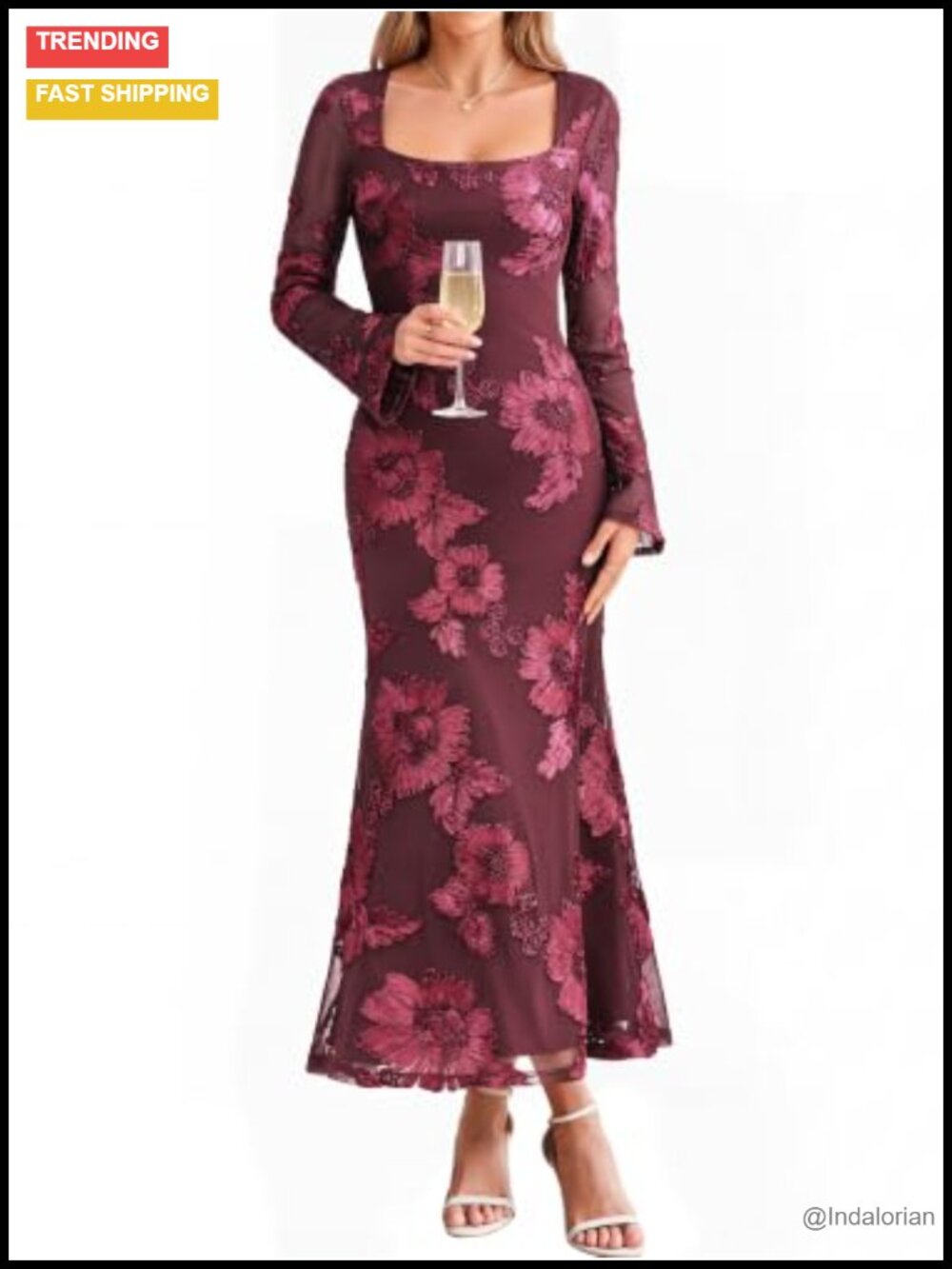 3D Floral Embroidered Mesh Long Sleeve Maxi Dress Bell Cuff Square Neck